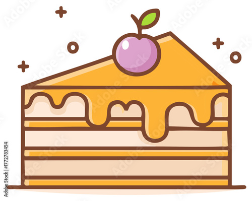Cute cartoon illustration of a slice of layered cake with caramel glaze and a berry on top