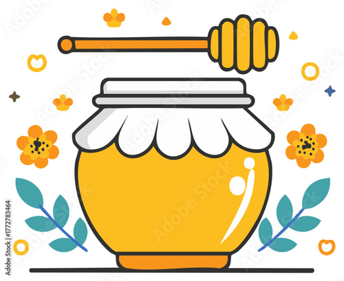 Honey jar with dipper and floral decorations