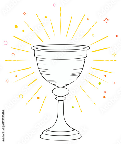 Holy Grail Illustration Shines Brightly Mystical Chalice with Sparkling Light Rays and Circular Accent Details
