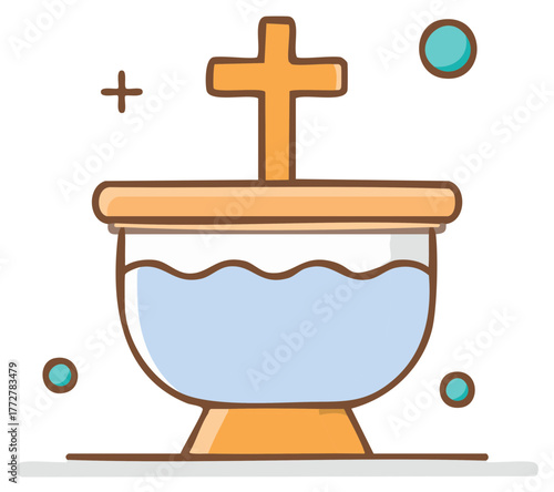 Baptism font illustration of bowl, cross, water, and bubbles for christian baptism ceremony