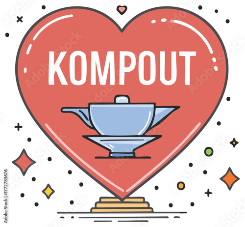 Heart with word kompoout and cartoon style teapot on pedestal