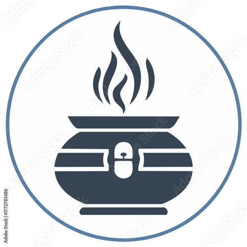 Burning Cauldron Icon with Fire Flames Illustration, Magic Potion Vessel Symbol
