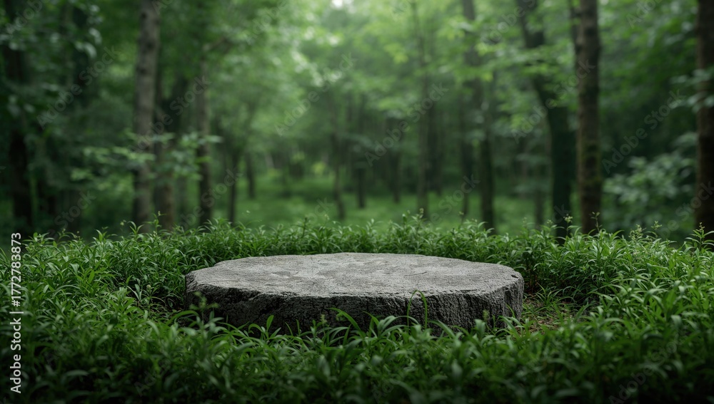 Fototapeta premium Abstract forest setting with a stone base and greenery, suitable for natural product presentations