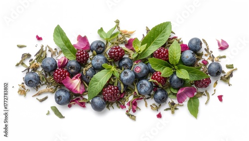 Isolated bilberry and blueberry tea leaves with white background and colorful fruits