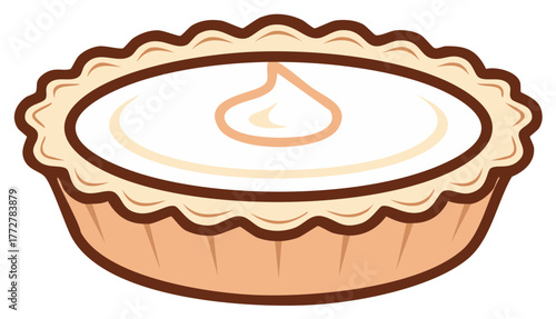 Classic sweet dessert pie with a golden crust and a fluffy white meringue topping in a charming cartoon style.