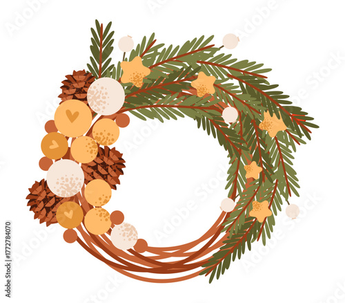 Vintage Christmas wreath illustration with star and classic garland. Perfect for holiday invitations, home decor, and festive decoration.