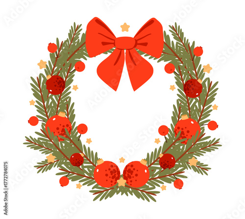 Vintage Christmas wreath illustration with classic ribbon, holly, and evergreen branches. Festive decor, greeting cards, and cozy holiday design.