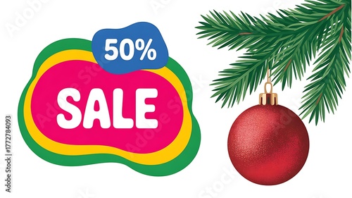 Festive Christmas sale banner with 50% discount and ornament