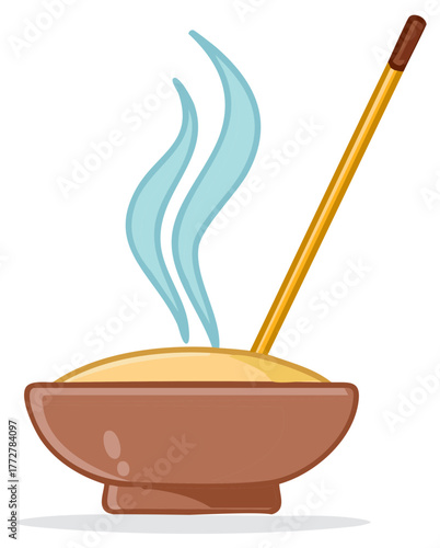 Aromatic Incense Stick Burning in Bowl releasing smoke for calm relaxation