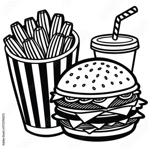 An illustration of various burger and fast-food items