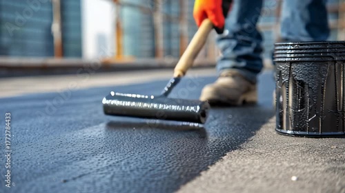 Construction worker applying liquid waterproofing bitumen coating with a roller on a building rooftop.