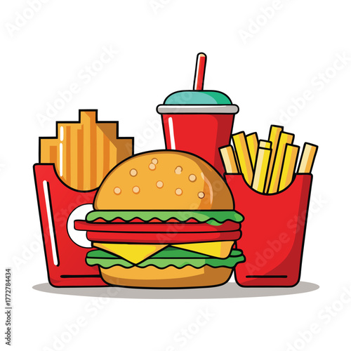 An illustration of various burger and fast-food items