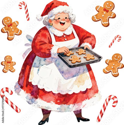 Watercolor Festive Mrs. Claus Baking Gingerbread Man Holiday Illustration