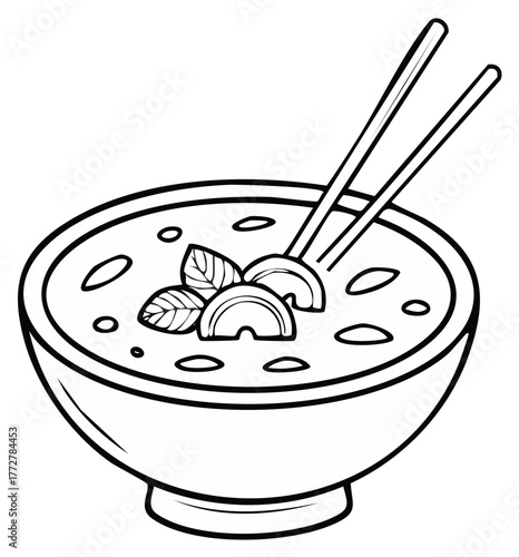Illustration of Bowl of Soup with Cashews Basil and Chopsticks in Black and White Line Art