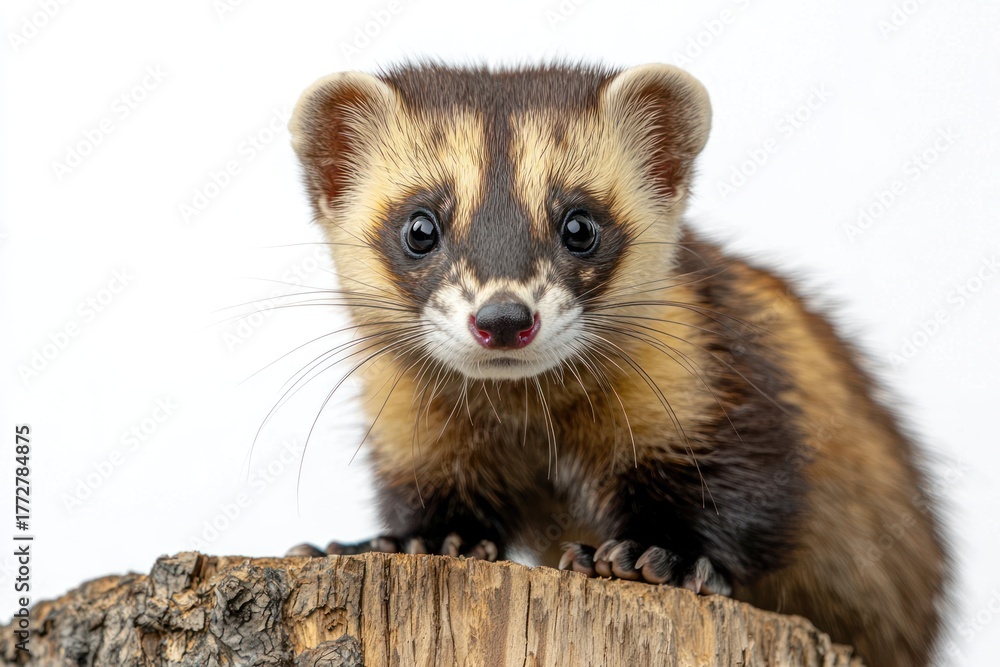 Fototapeta premium Striking polecat perched atop a rustic tree stump