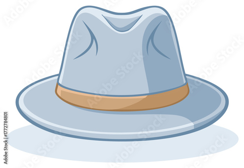 Light Blue Fedora Hat With Brown Band Cartoon Style