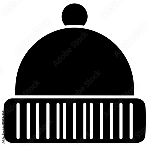 Winter hat silhouette illustration with pom pom, black and white knit cap icon