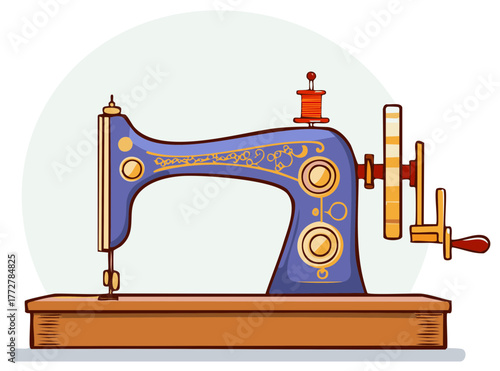 Vintage sewing machine illustration with wood table, orange thread spool, and decorative patterns