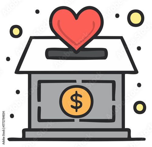 Illustration of a donation box with a heart above the slot and a dollar sign, promoting philanthropy and charity giving