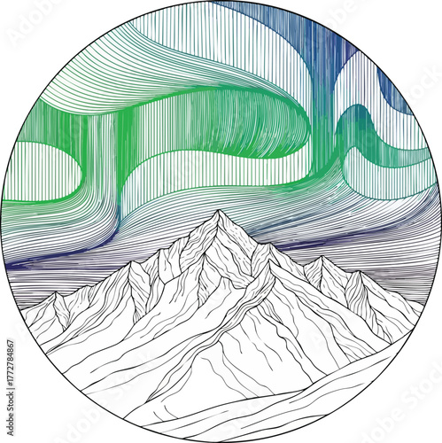 A stylized illustration depicts majestic snow-capped mountains under a vibrant green and blue aurora borealis