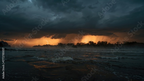 Fototapeta Naklejka Na Ścianę i Meble -  Thunderstorm over the Danube River, showcasing the power of nature