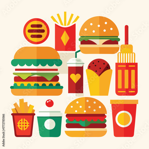 An illustration of various burger and fast-food items