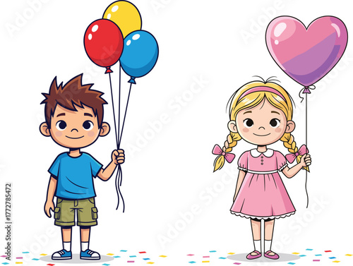 Cartoon children celebrating with balloons, festive kids illustration, happy boy and girl, colorful confetti party scene, cheerful vector art