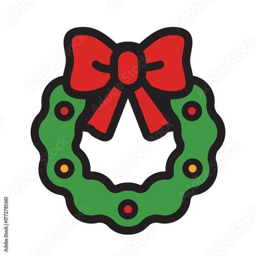 Christmas wreath adorned with red bow for festive decorations. Seasonal greetings cards, holiday designs, winter celebrations, and christmas themed projects.