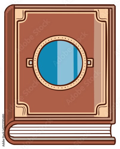 Vintage hardcover book with an ornamental brown cover and a blue circle window design