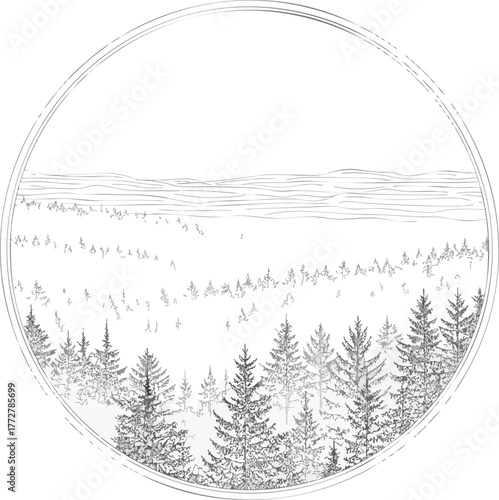 Detailed monochrome illustration of a forest landscape with pine trees and distant mountains framed in a circle