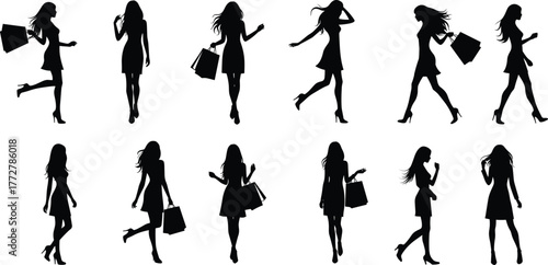 Silhouette woman shopping bags walking standing poses fashion illustration vector design, female shopper high heels dress retail lifestyle concept, stylish model commercial artwork