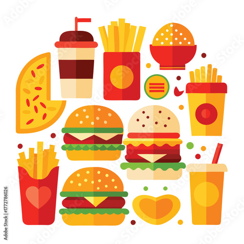 An illustration of various burger and fast-food items