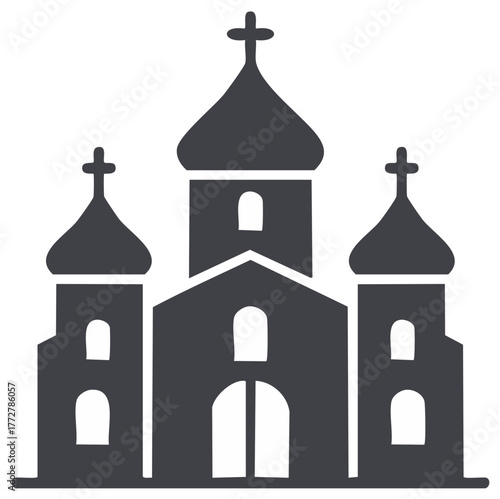 Stylized Silhouette of Orthodox Church with Crosses and Domes on Top of Building Facade