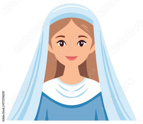 Cartoon Illustration of Woman with Head Covering in Blue Clothing Smiling Portrait