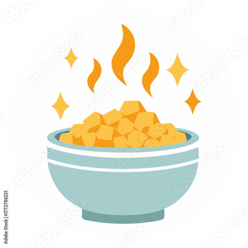 A steaming bowl of delicious golden cubes emitting warmth and sparkles representing flavor