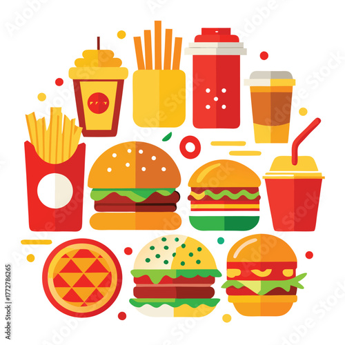 An illustration of various burger and fast-food items