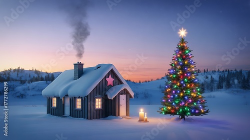 Cozy snow-covered cabin and twinkling Christmas tree welcome the festive season at dusk.