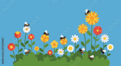 Playful cartoon illustration showcasing bees collecting nectar from colorful blooms against azure