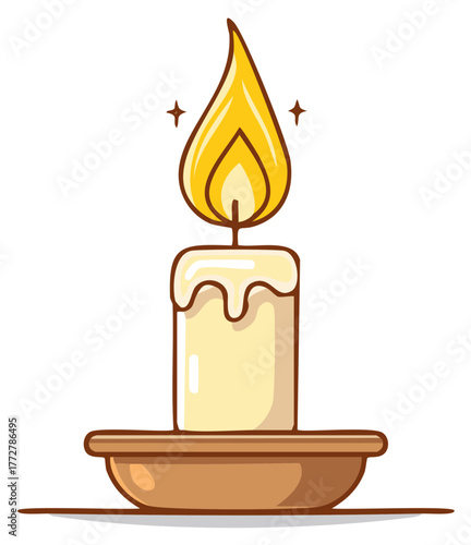Burning candle on dish, melting wax, bright flames in cartoon style, decoration