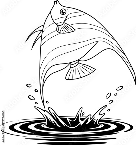 A dynamic illustration of a fish leaping out of the water, showcasing movement and energy. Perfect for fishing designs, logos, or aquatic-themed artwork.