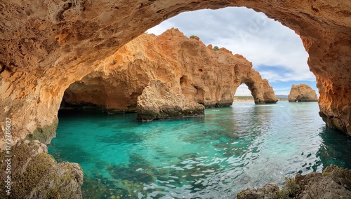 Interior perspective of a famous coastal cave in southern Europe