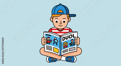 Boy enthusiastically engrossed in a comic book adventure with vibrant illustrations and dynamic