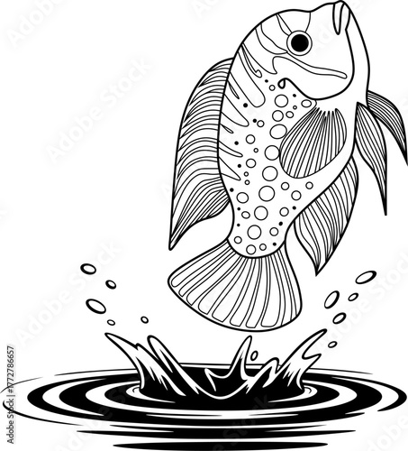 A dynamic illustration of a fish leaping out of the water, showcasing movement and energy. Perfect for fishing designs, logos, or aquatic-themed artwork.
