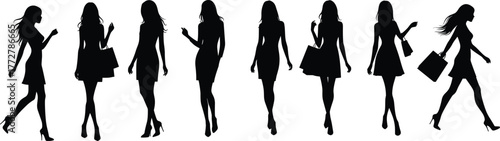 Silhouette woman walking poses, fashion model high heels, stylish female figure movement, handbag accessory illustration, elegant dress design, runway walking sequence, vector character posture set