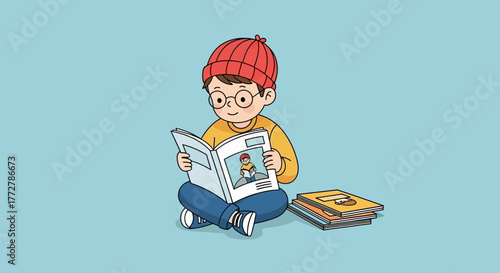 Cartoon boy with glasses reading a book sitting with cross legs on blue background
