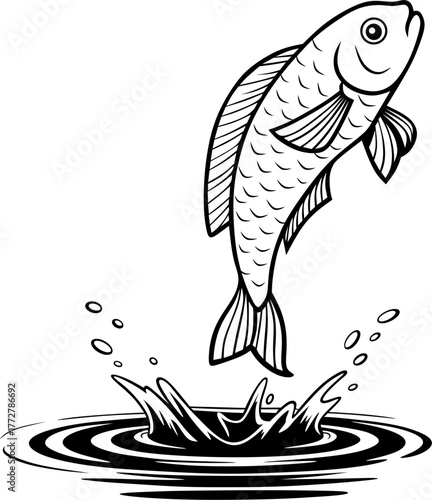A dynamic illustration of a fish leaping out of the water, showcasing movement and energy. Perfect for fishing designs, logos, or aquatic-themed artwork.