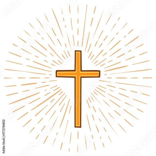 Shining Golden Cross with Bright Radiant Light Rays Representing Spirituality and Hope