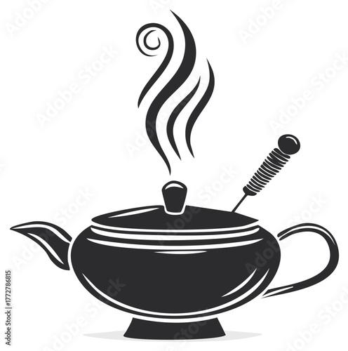 Stylized teapot graphic emitting steam with a stirrer placed on top black silhouette design