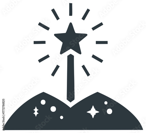 Magical star wand emerges from sparkling ground with radiating light effect