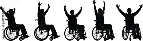 Wheelchair silhouettes, disabled people raising arms, inclusive community, accessibility celebration, disability empowerment, active lifestyle, diversity illustration, mobility support,